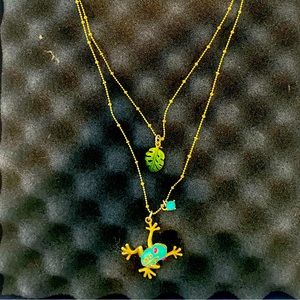 Frog and monstera leaf double chain necklace